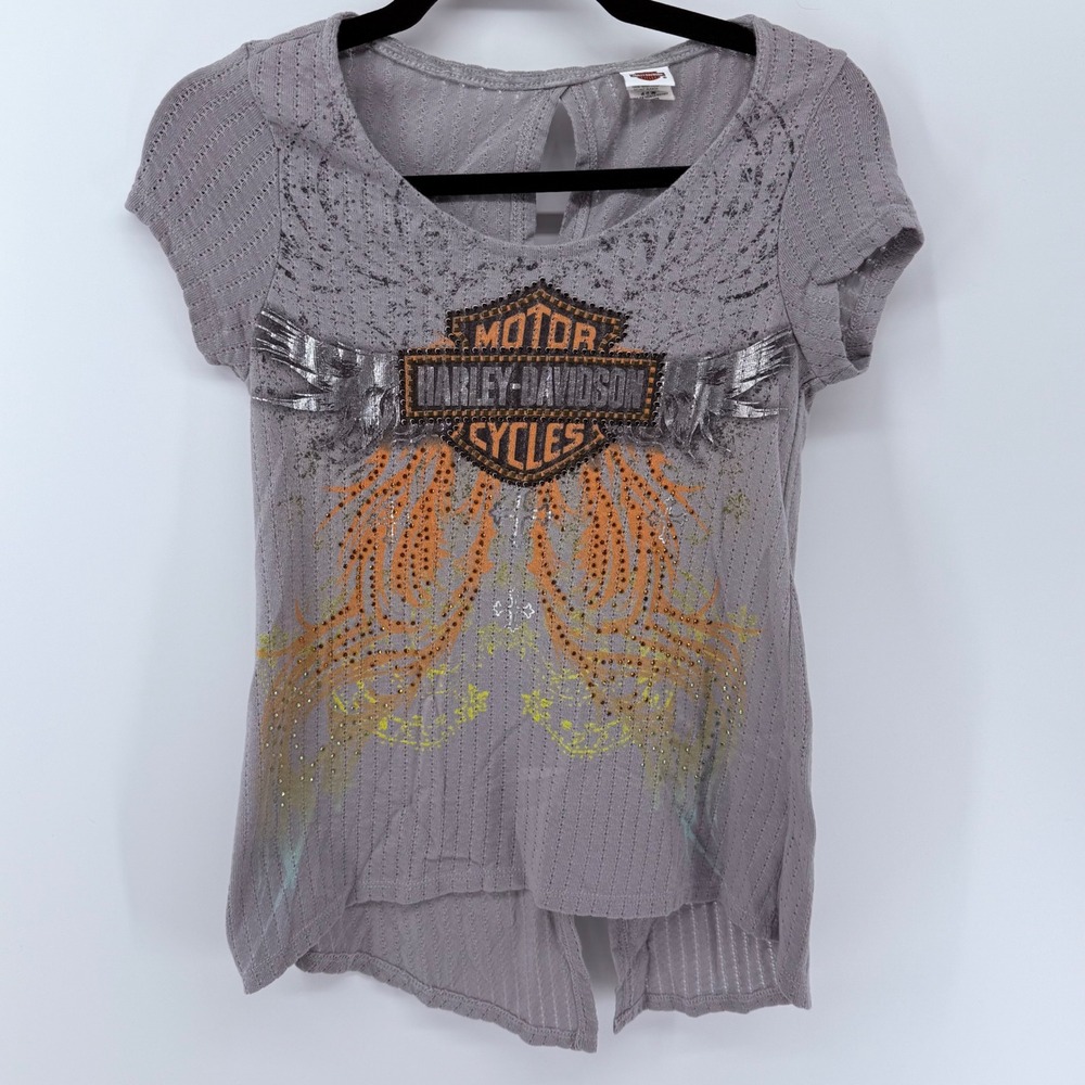 Harley-Davidson Womens Grey‎ Pointelle Open Back Graphic Top HD515-03HGY Small